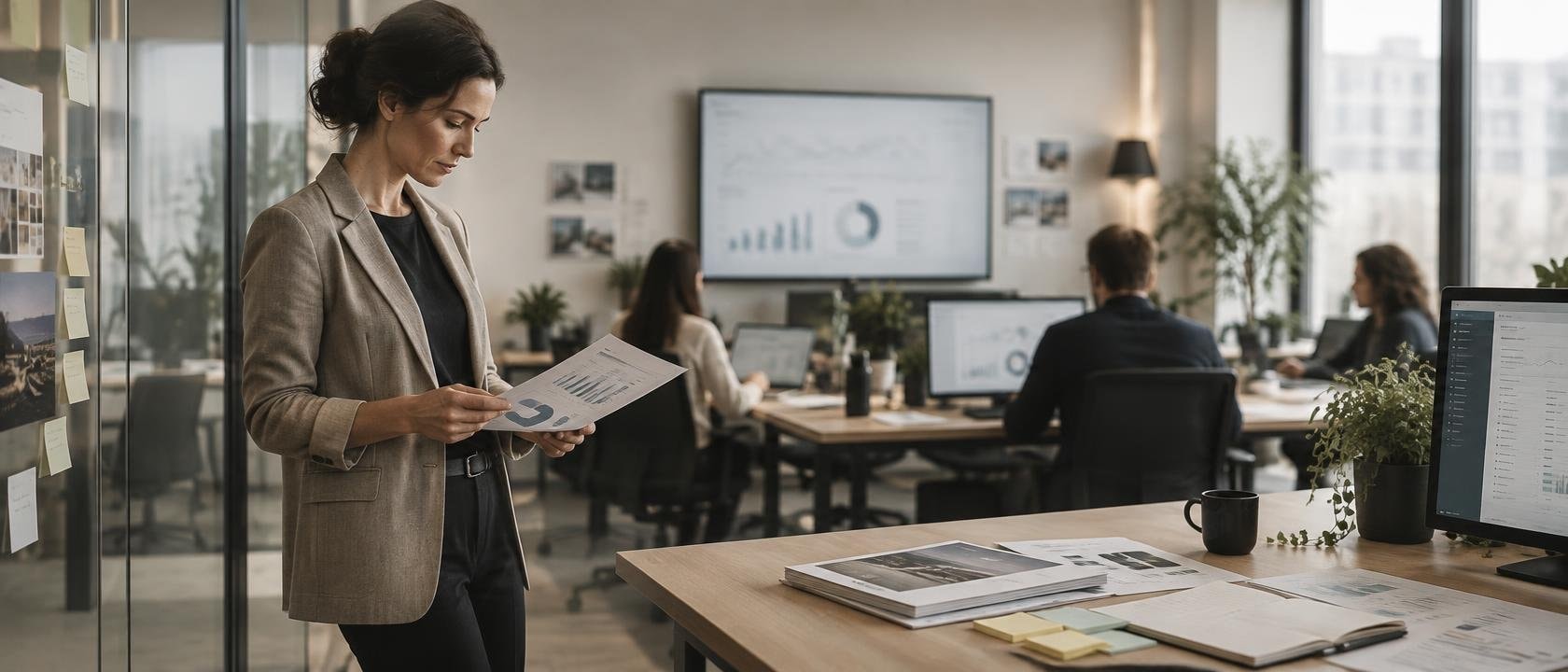 Eine Führungsperson steht am Rand eines offenen Marketing-Büros und betrachtet aufmerksam bestehende Reports und Dashboards, während das Team im Hintergrund unscharf weiterarbeitet.