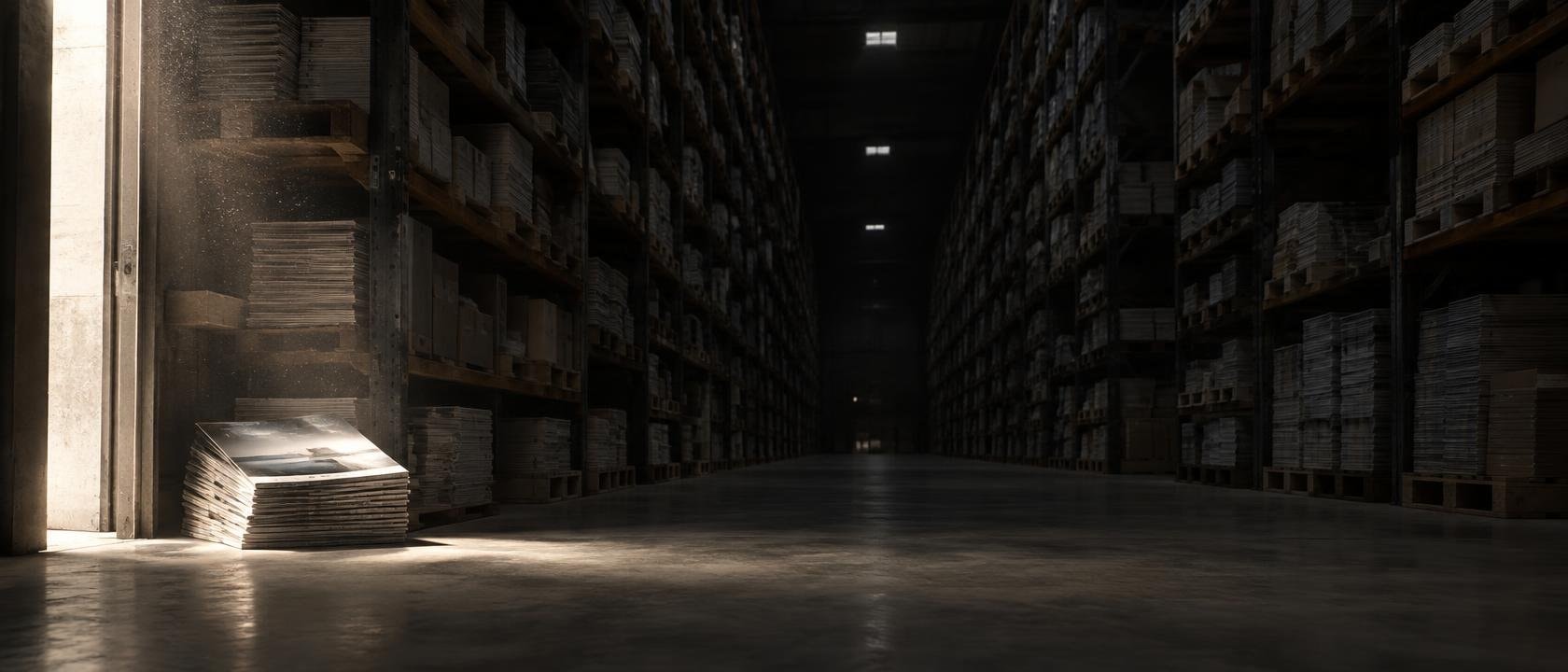 Ein dunkles Archivlager mit deckenhohen Regalen voller gedruckter Broschüren und Whitepaper, die größtenteils im Schatten und unter einer Staubschicht liegen, während im Vordergrund nur ein einziger kleiner, beleuchteter Stapel mit sichtbaren Nutzungsspuren zu erkennen ist.