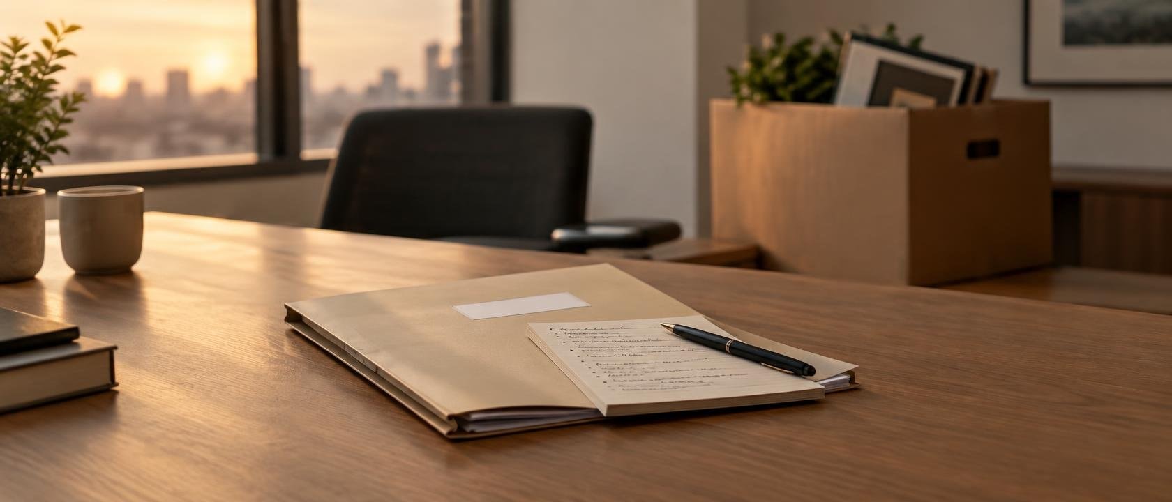 Ein aufgeräumter Schreibtisch im Abendlicht mit einem beschrifteten Übergabe-Ordner und handschriftlichen Notizen im Vordergrund, im Hintergrund unscharf ein bereits gepackter Umzugskarton und ein leerer Stuhl.